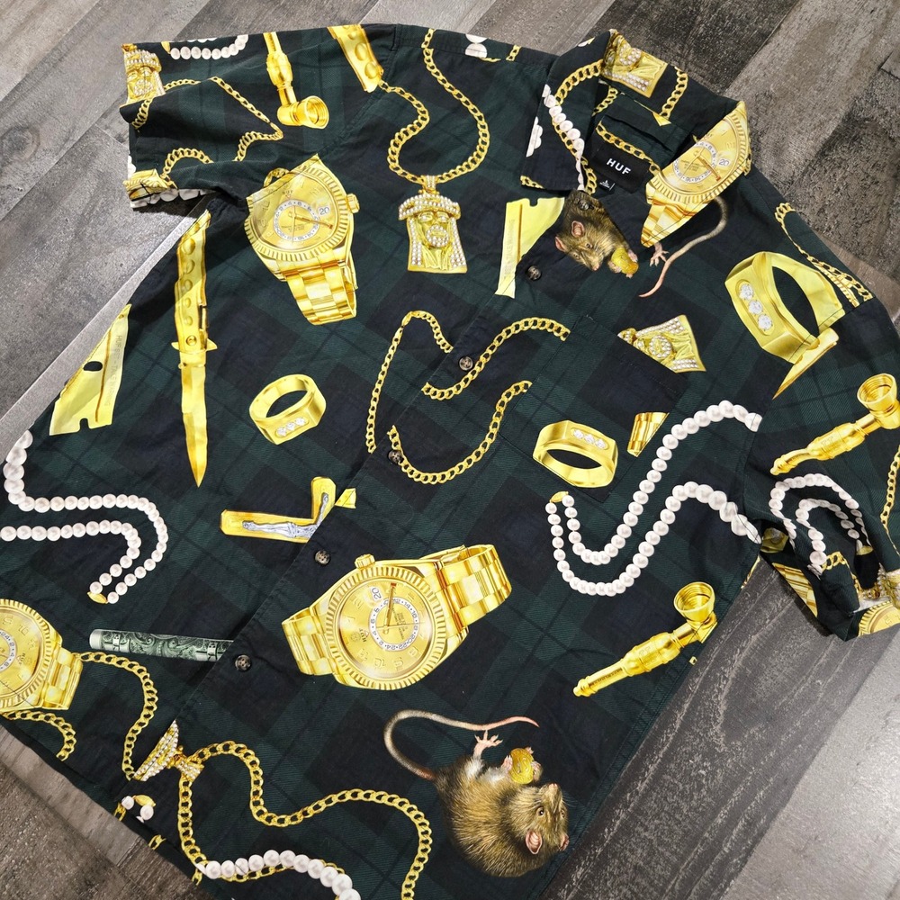 HUF Men's Tenderloin Graphics Size L Blackwatch Plaid Gold Chain Rat Luxury